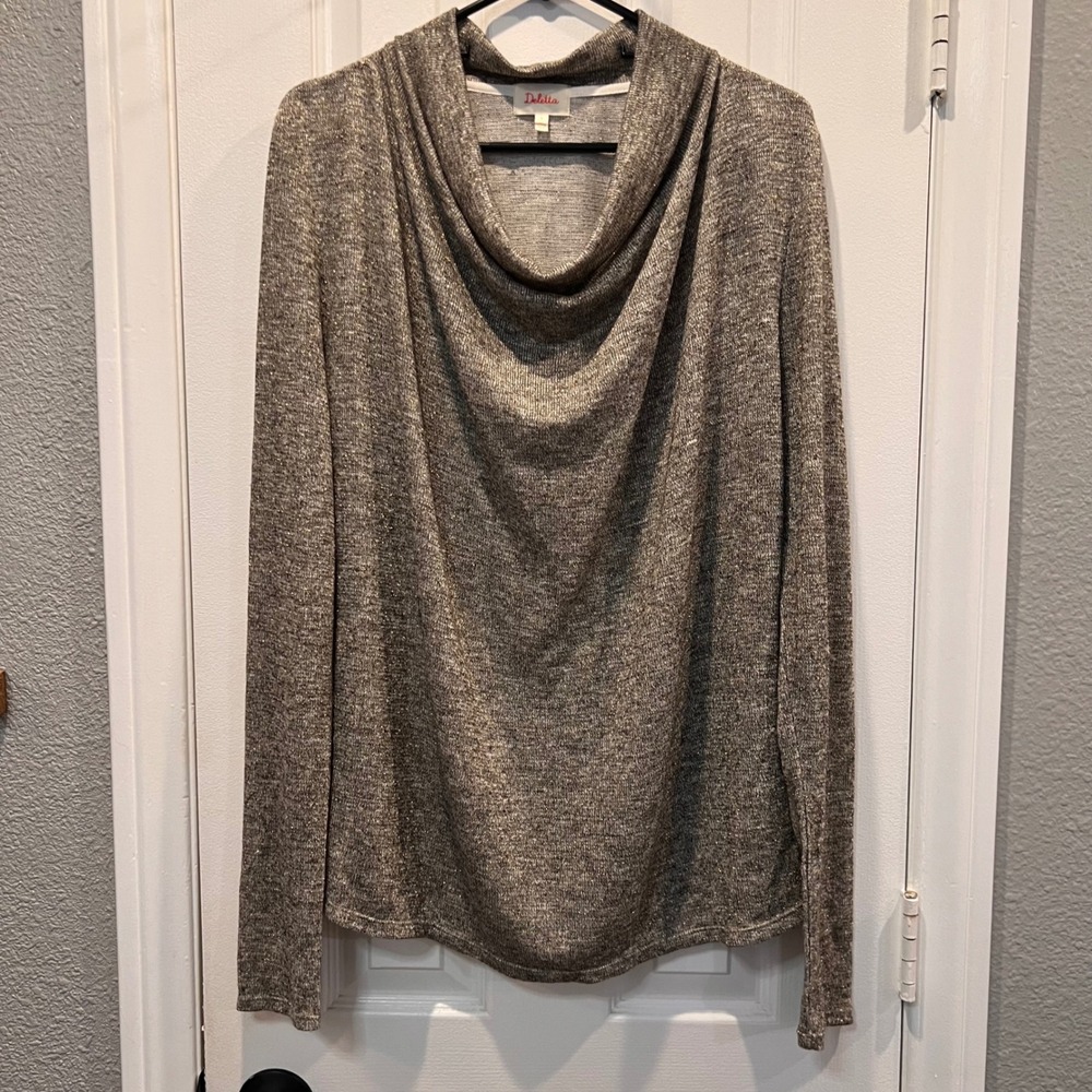 Deletta Anthropologie Metallic Cowl Neck Long Sleeve Top Silver Gold Large